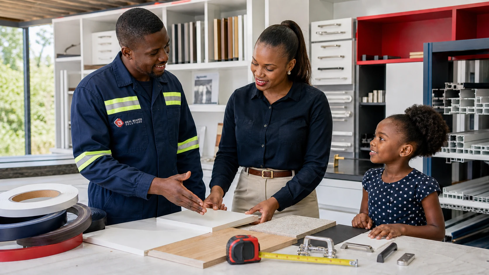 Ideal Boards worker helping a client choose board materials